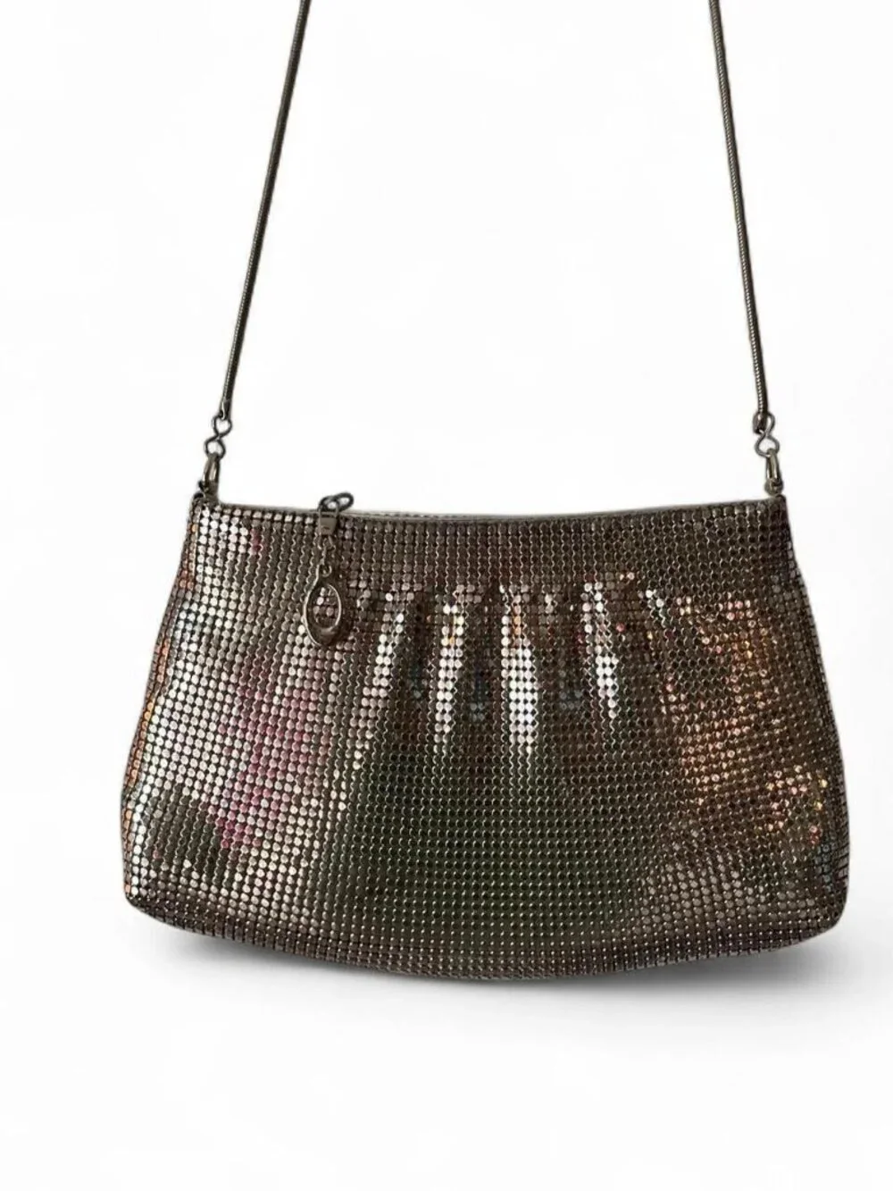 Vintage Silver Metal Mesh Chainmail Crossbody Evening Bag Y2K Purse